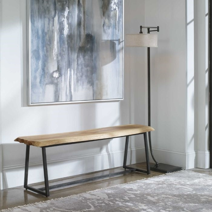 bench natural wood iron base