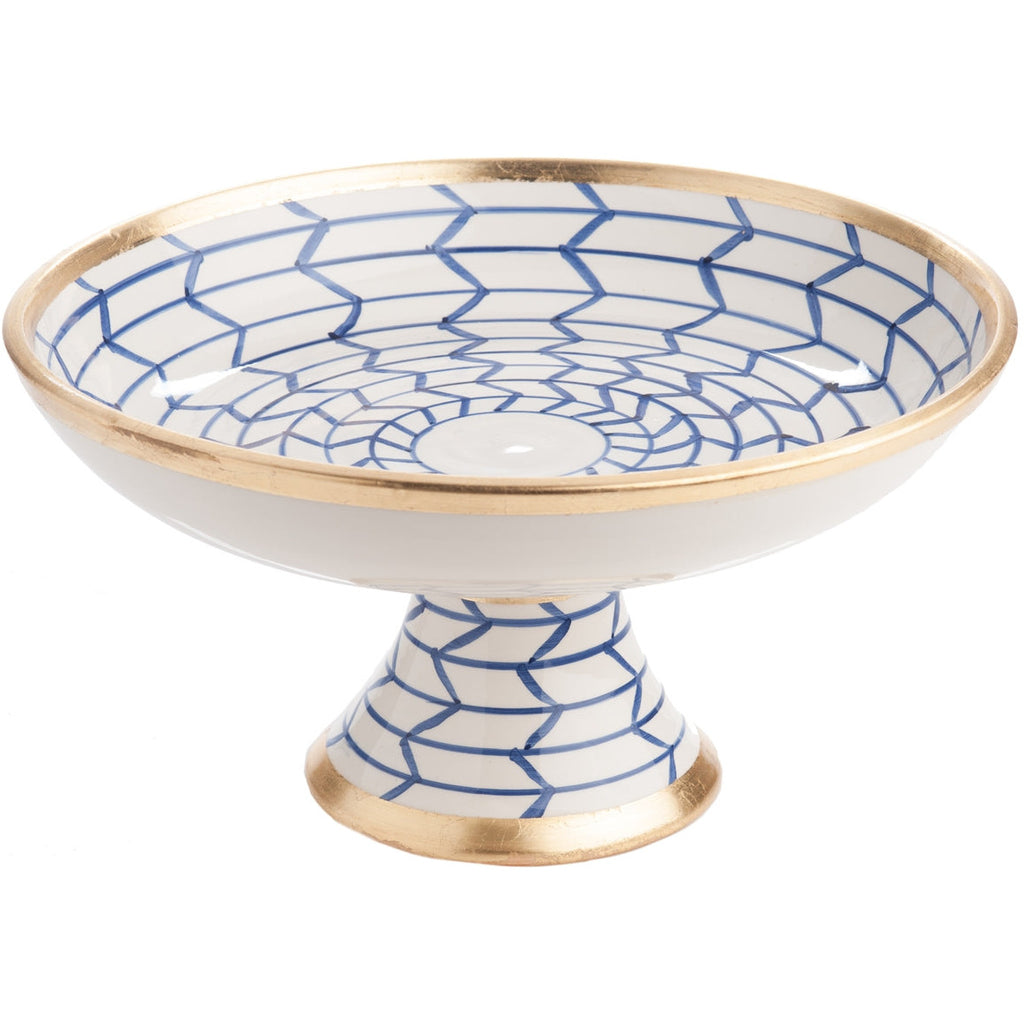 centerpiece bowl pedestal blue white zig zag gold rim
