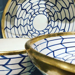 centerpiece bowl pedestal blue white zig zag gold rim