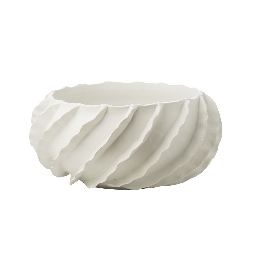 The Santa Barbara Decorative Bowl by Abigails, in matte white, features a wavy, spiral texture reminiscent of cascading ceramic ribbons, making it an ideal centerpiece bowl.