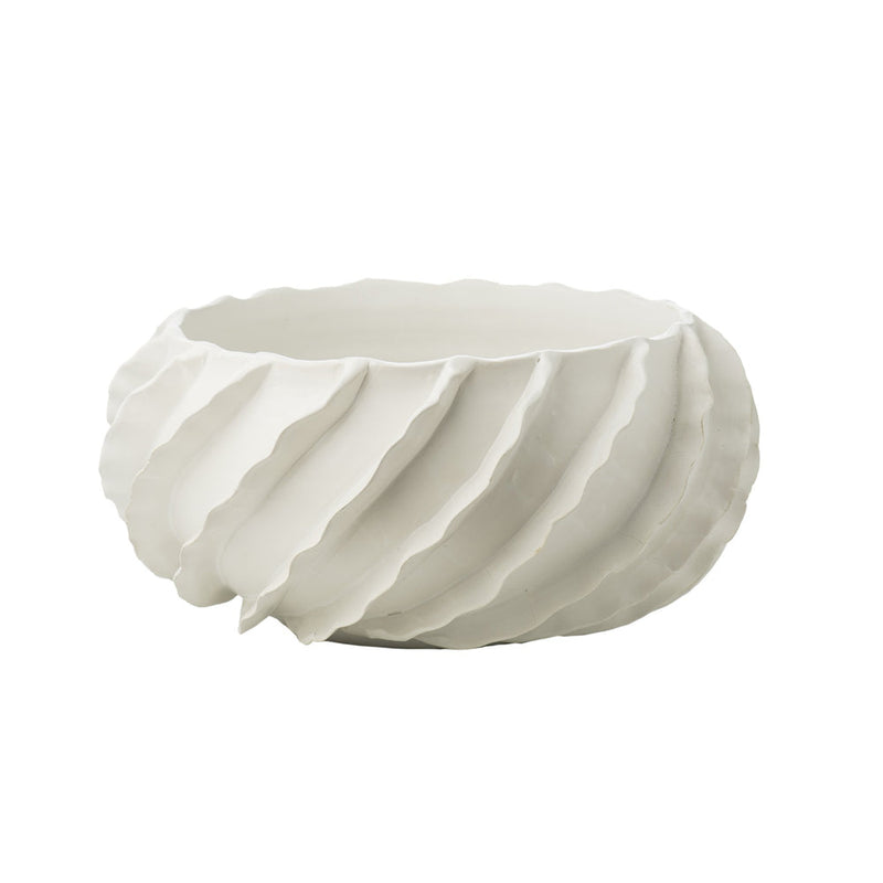 The Santa Barbara Decorative Bowl by Abigails, in matte white, features a wavy, spiral texture reminiscent of cascading ceramic ribbons, making it an ideal centerpiece bowl.