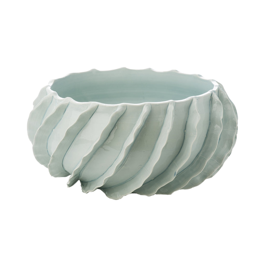 round aqua ceramic bowl diagonal ribbons