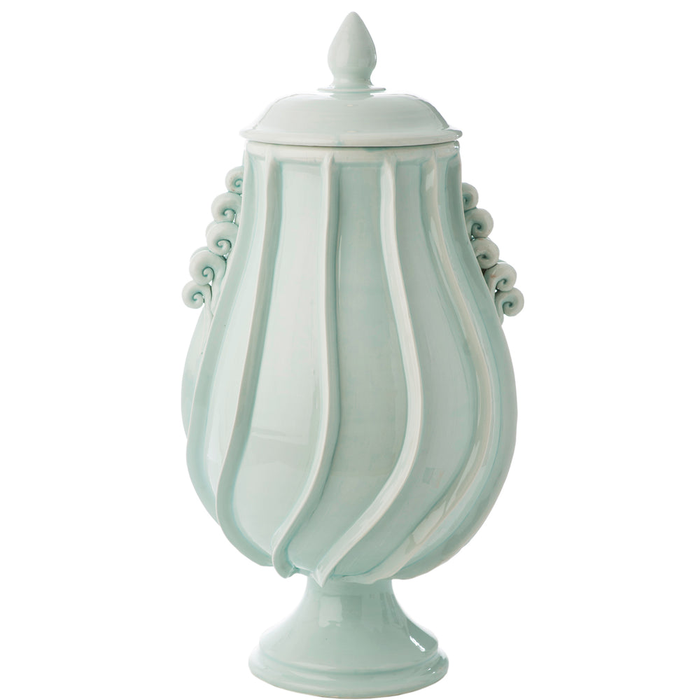 light aqua tall urn ceramic ribbons lid
