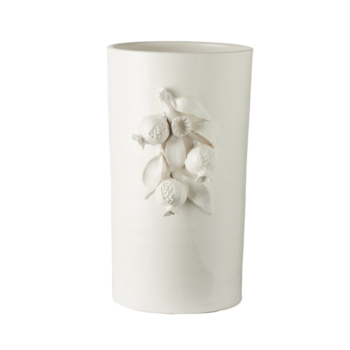 round tall white ceramic vase pomegranates