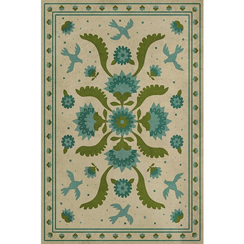 vinyl floor mat rug beige folk art birds beige aqua green