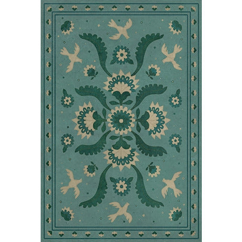 vinyl floor mat square rug aqua turquoise green beige folk art