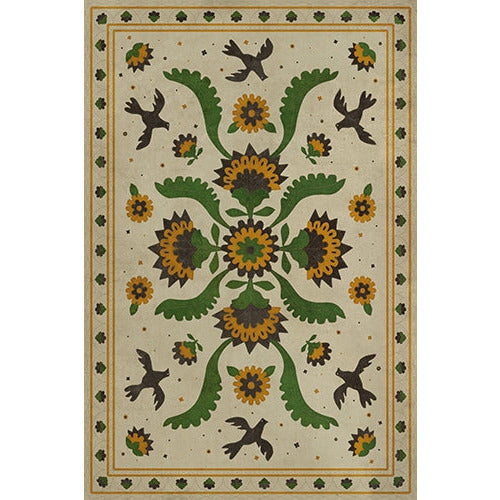 vinyl floor mat rectangle rug folk art ivory, green, yellow, birds flowers