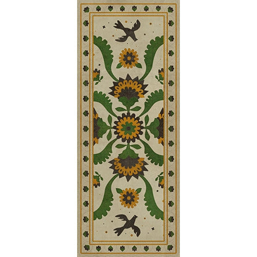 vinyl floor mat runner rug folk art ivory, green, yellow, birds flowers