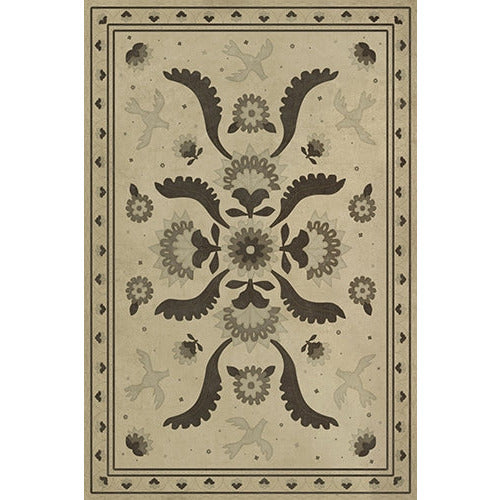 vinyl floor mat rectangle rug folk art black, ivory, gray, birds flowers