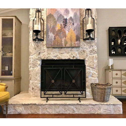 fireplace screen iron panel mesh square triangles bronze brass geometric contemporary modern stand