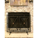 fireplace screen iron panel mesh square triangles bronze brass geometric contemporary modern stand