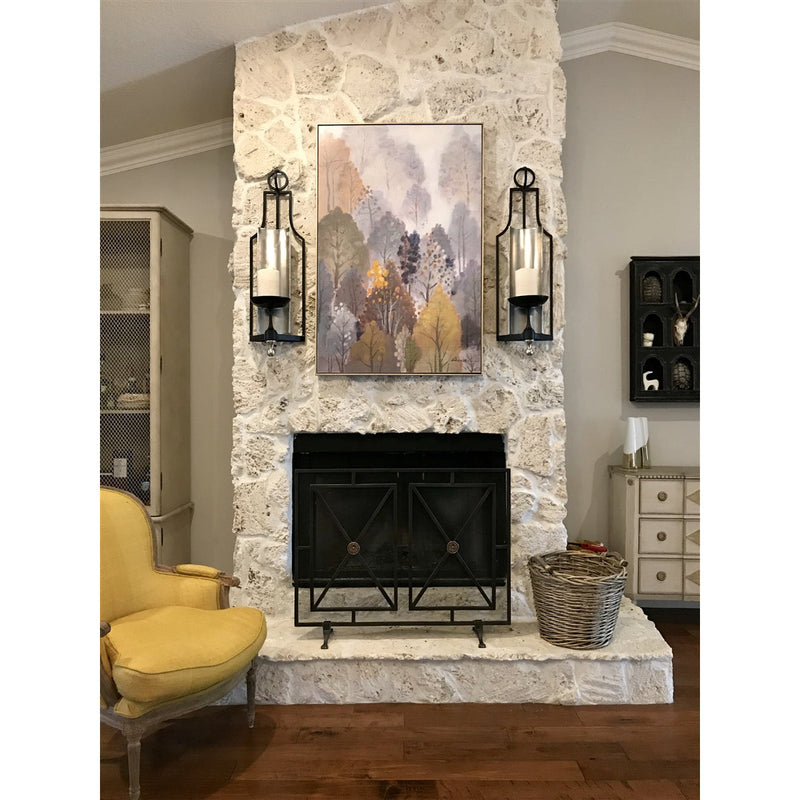 fireplace screen iron panel mesh square triangles bronze brass geometric contemporary modern stand