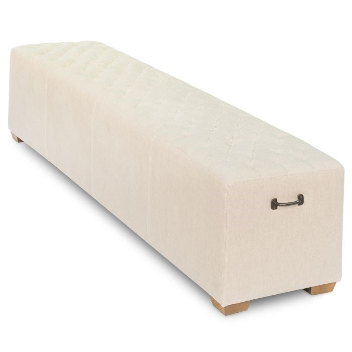 beige linen upholstered long bench diamond tufting tapered block feet metal handles