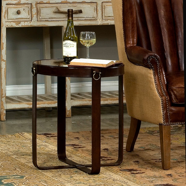 side accent table glass leather brass transitional