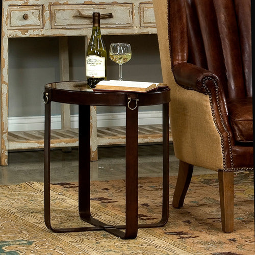 side accent table glass leather brass transitional