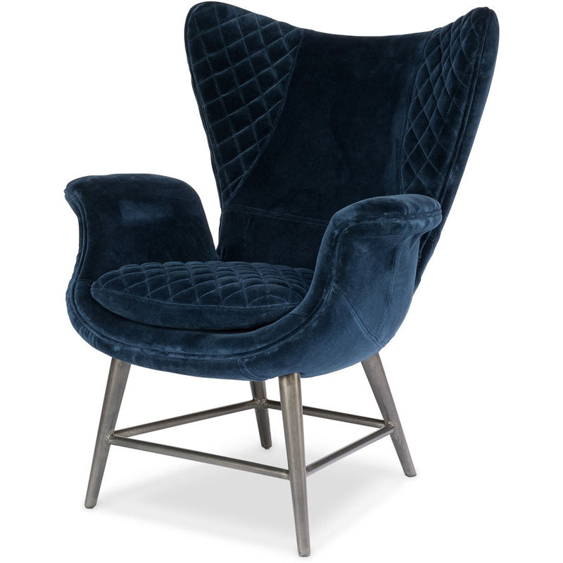 chair wing velvet navy blue quilted cushion pin legs metal silver