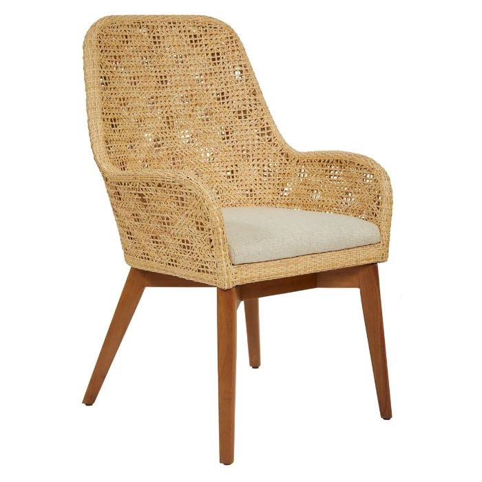 arm chair natural woven cushion wooden leg