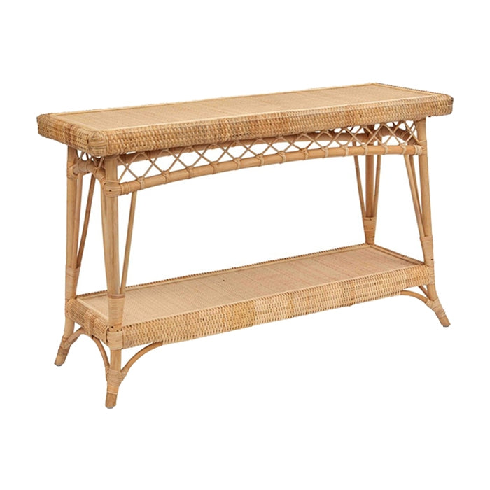 natural console table rattan lower shelf curved leg