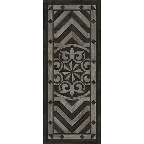 Spicher & Co. vinyl floorcloth floor mat wood inlays star pattern gray black wood runner