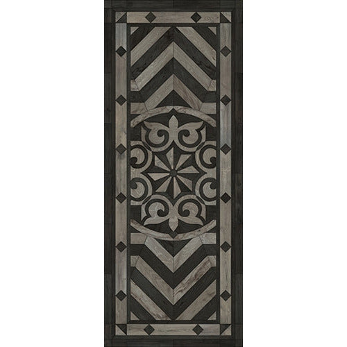 Spicher & Co. vinyl floorcloth floor mat wood inlays star pattern gray black wood runner