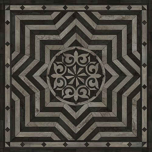 Spicher & Co. vinyl floorcloth floor mat wood inlays star pattern gray black wood square
