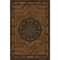 Spicher & Co. vinyl floorcloth floor mat wood inlays star pattern brown black wood area rug