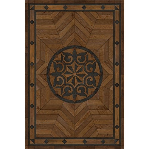 Spicher & Co. vinyl floorcloth floor mat wood inlays star pattern brown black wood area rug