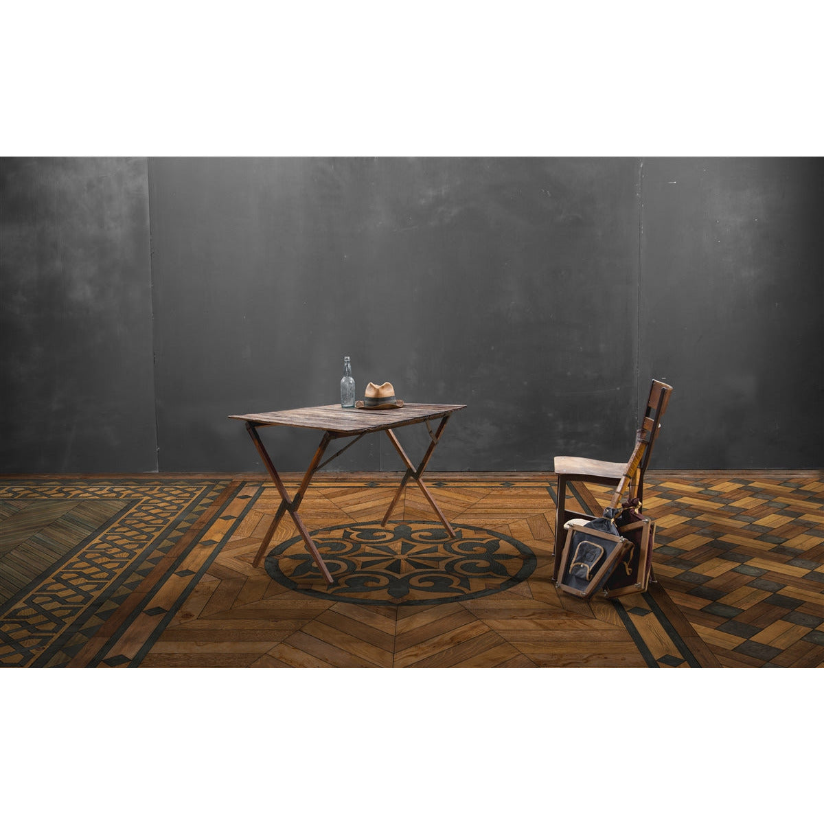 Spicher & Co. vinyl floorcloth floor mat wood inlays star pattern brown black wood area rug