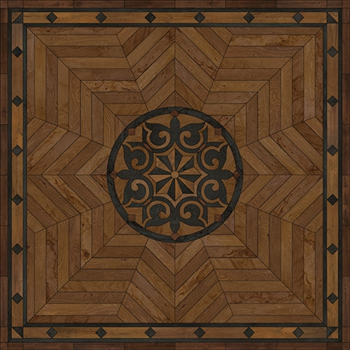 Spicher & Co. vinyl floorcloth floor mat wood inlays star pattern brown black wood square