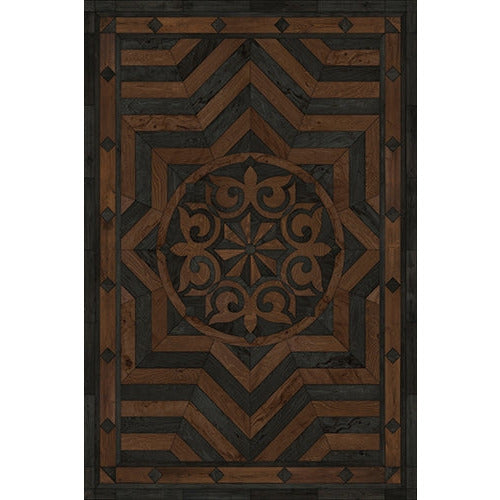 Spicher & Co. vinyl floorcloth floor mat wood inlays black brown medallion star