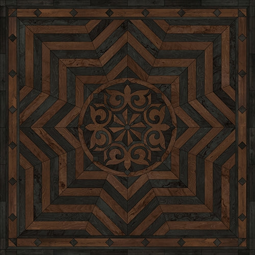 Spicher & Co. vinyl floorcloth floor mat wood inlays black brown medallion star square