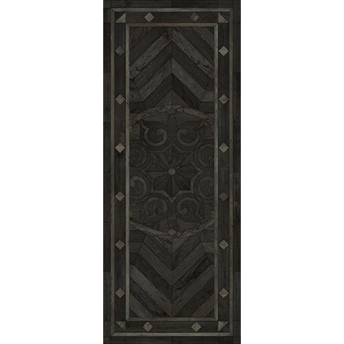 Spicher & Co vinyl floorcloth floor mat wood inlays black gray medallion star runner