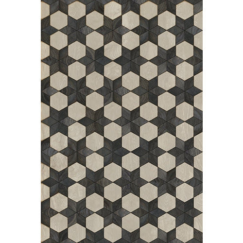 Spicher & Co vinyl floorcloth floor mat wood inlays black white stars