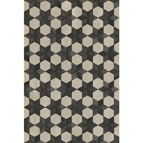 Spicher & Co vinyl floorcloth floor mat wood inlays black white stars