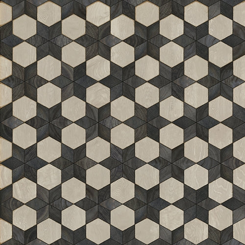 Spicher & Co vinyl floorcloth floor mat wood inlays black white stars square