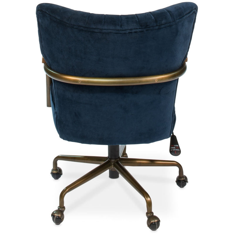 chair swivel desk navy blue velvet metal bronze wood oak arms castors channel stitching