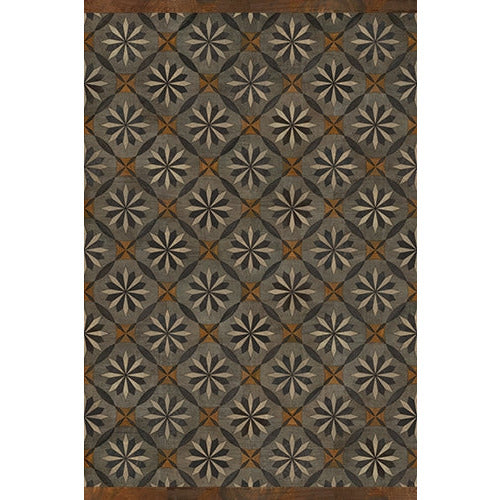 Spicher & Co vinyl floorcloth floor mat wood inlays mosaic parquet tan black gray vintage