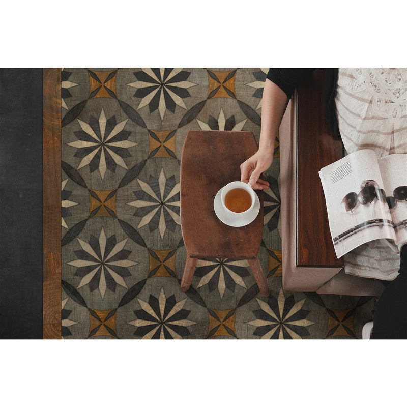 Spicher & Co vinyl floorcloth floor mat wood inlays mosaic parquet tan black gray vintage