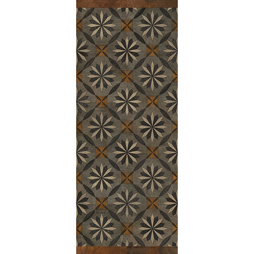 Spicher & Co vinyl floorcloth floor mat wood inlays mosaic parquet tan black gray vintage runner