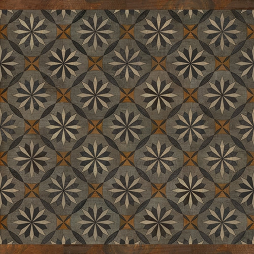 Spicher & Co vinyl floorcloth floor mat wood inlays mosaic parquet tan black gray vintage square