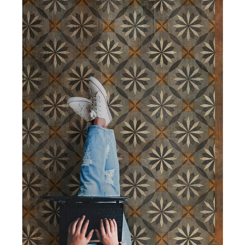 Spicher & Co vinyl floorcloth floor mat wood inlays mosaic parquet tan black gray vintage square