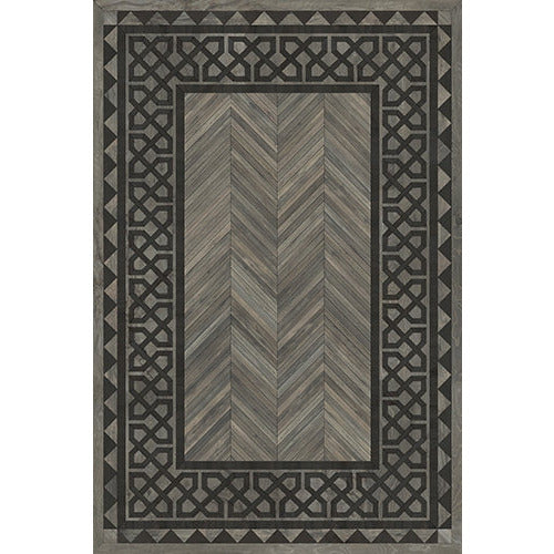 Spicher & Co. vinyl floorcloth floor mat wood inlays herringbone gray vintage border