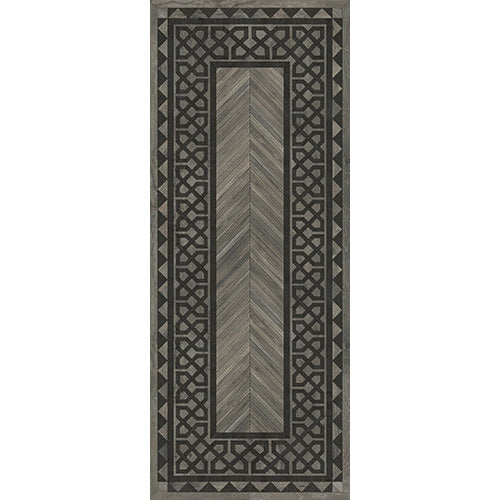 Spicher & Co. vinyl floorcloth floor mat wood inlays herringbone gray vintage border runner