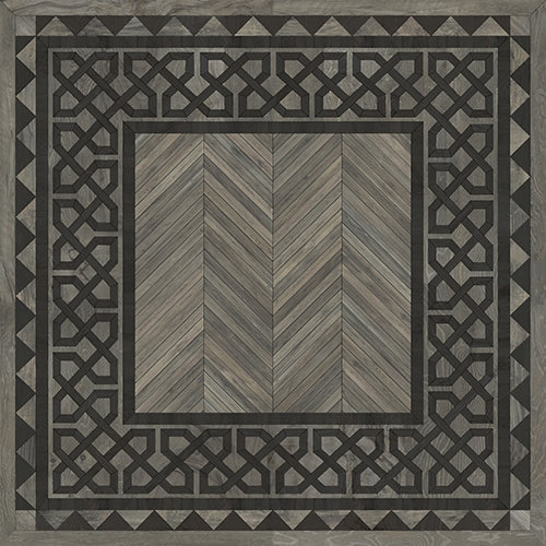Spicher & Co. vinyl floorcloth floor mat wood inlays herringbone gray vintage border square chair mat