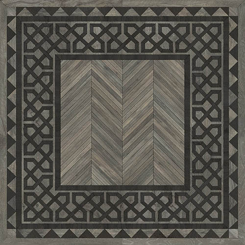 Spicher & Co. vinyl floorcloth floor mat wood inlays herringbone gray vintage border square chair mat