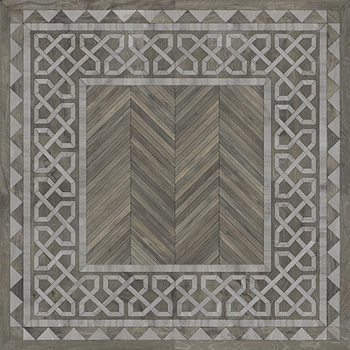Spicher & Co. vinyl floorcloth floor mat wood inlays herringbone gray vintage border square chair mat