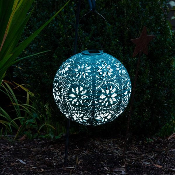 lantern metallic emerald round hanging light solar