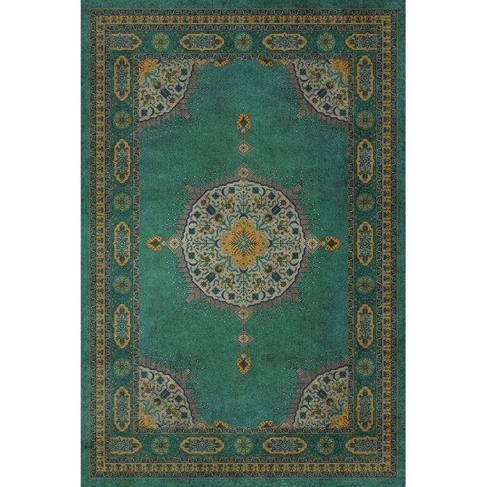 vinyl floorcloth teal mustard medallions