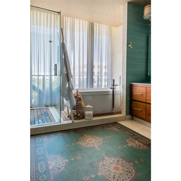 vinyl floorcloth teal mustard medallions