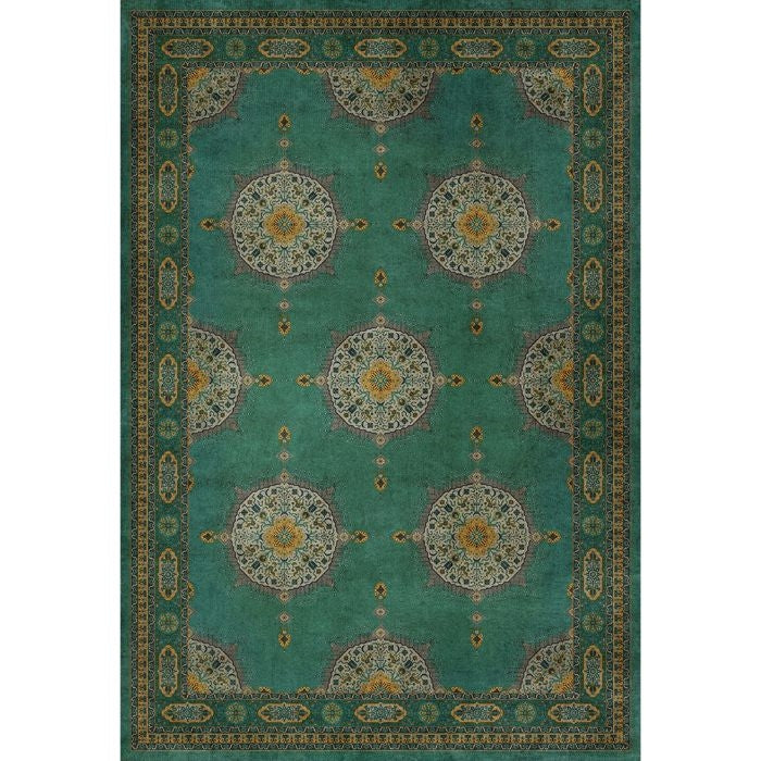 vinyl floorcloth teal mustard medallions
